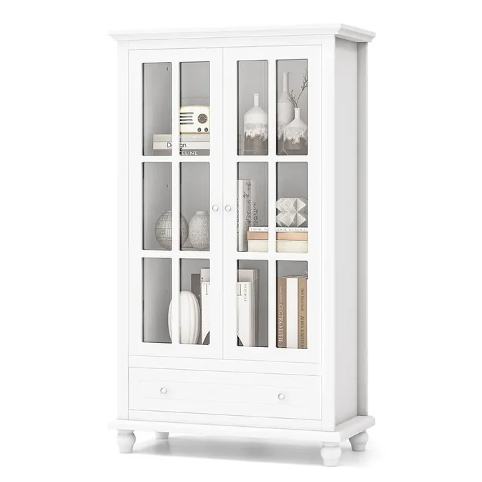 Giantex 55″ White Tall Wooden Bookcase with Glass Doors, Adjustable Shelves, and Drawer