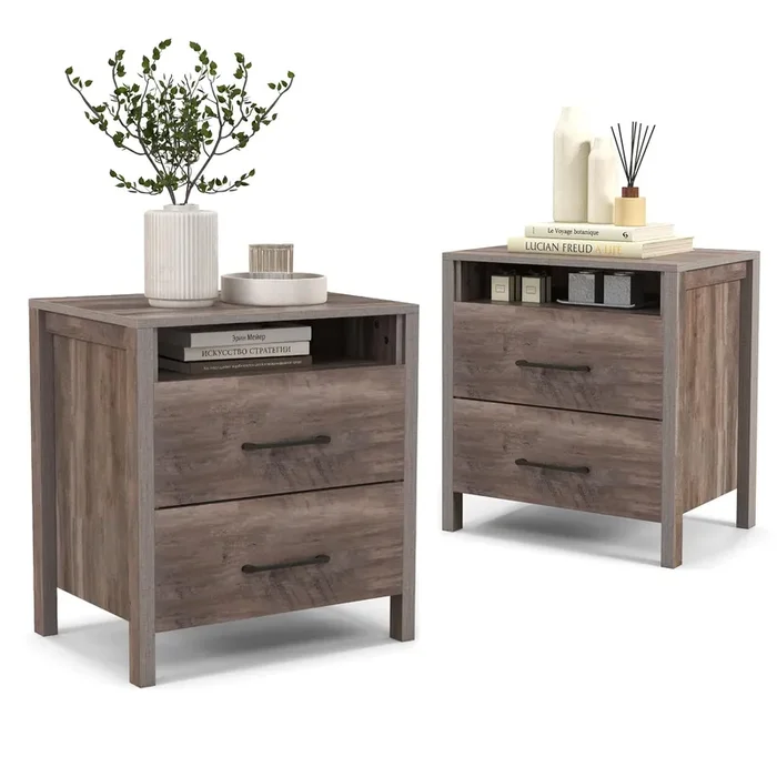 Giantex Farmhouse Nightstand Set of 2, Rustic Wood Bedside Table with 2 Storage Drawers & Open Shelf, Sofa Side Table, Versatile Night Stand for Bedroom, Grey