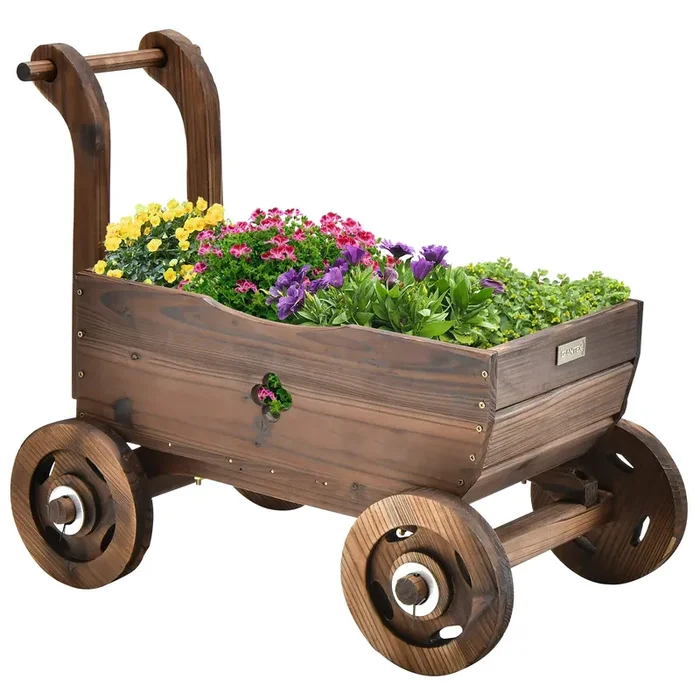 Giantex Wooden Wagon Planter Raised Bed on Wheels, Handle, Drainage Hole, Decorative Wagon Cart, Rustic Flowerpot Planter, Mobile Plant Pot Stand, Indoor & Outdoor Patio Garden Balcony