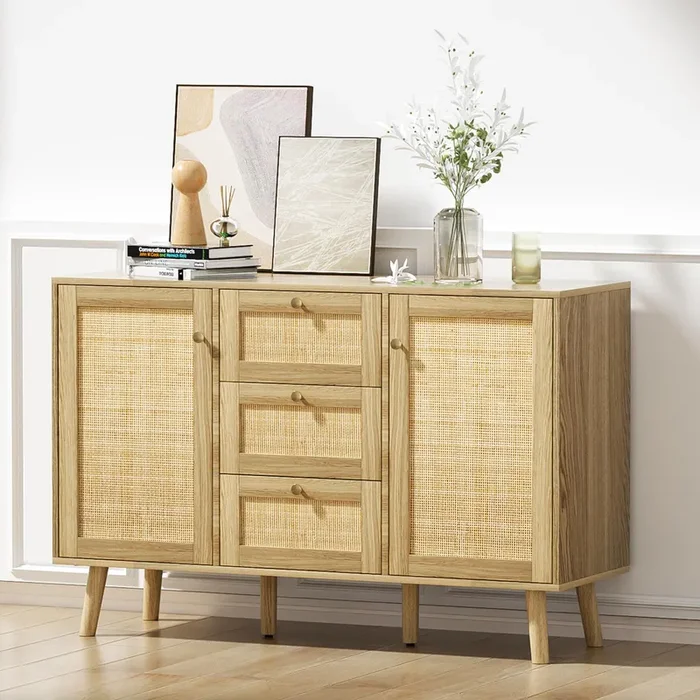 Giluta Sideboard Buffet Cabinet, 3 Drawers Rattan Cabinet with 2 Doors Boho Accent Storage Cabinet, Living Room Cupboard Console Table with Adjustable Shelves for Kitchen