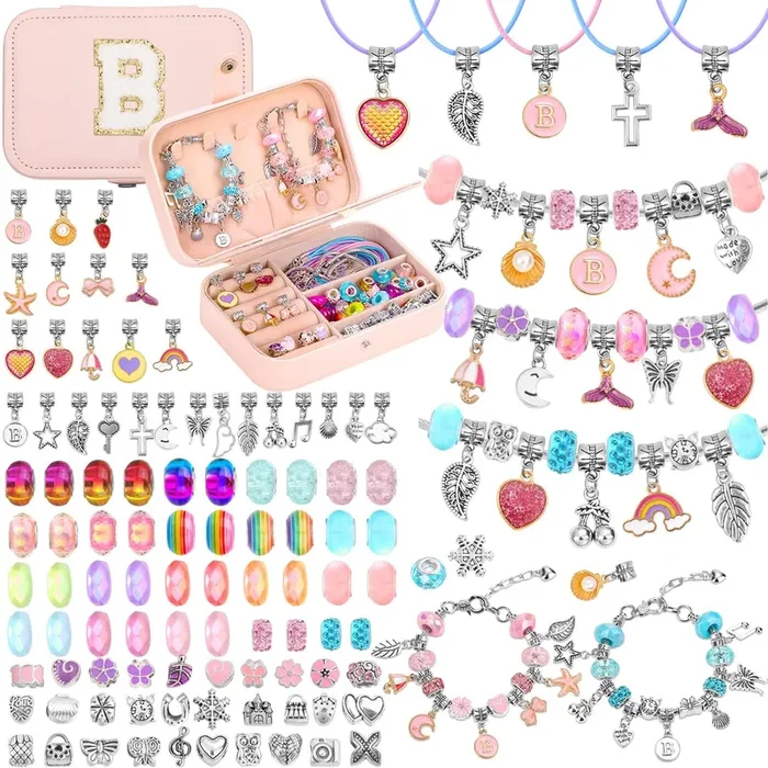 Girls Charm Bracelet Making Kit with Jewelry Box for Kids Charm Beads for Jewelry Making DIY Bracelet Craft Kit for Girls Age 8-12 Birthday Gifts Valentine Christmas