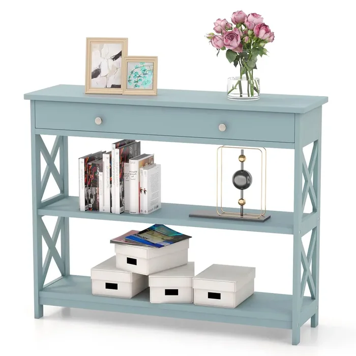 GOFLAME 3-Tier Sofa Tables, Long Narrow Console Table with Large Drawer & 2 Open Storage Shelves, Wooden Entry Table, Modern Entryway Table with Storage for Living Room, Entryway, Hallway (Green)