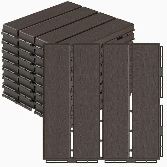 Goovilla Plastic Interlocking Deck Tiles, 9 Pack Patio Deck Tiles, 12″x12″ Waterproof Outdoor Flooring All Weather Use, Patio Floor Decking Tiles for Porch Poolside Balcony Backyard, Dark Coffee