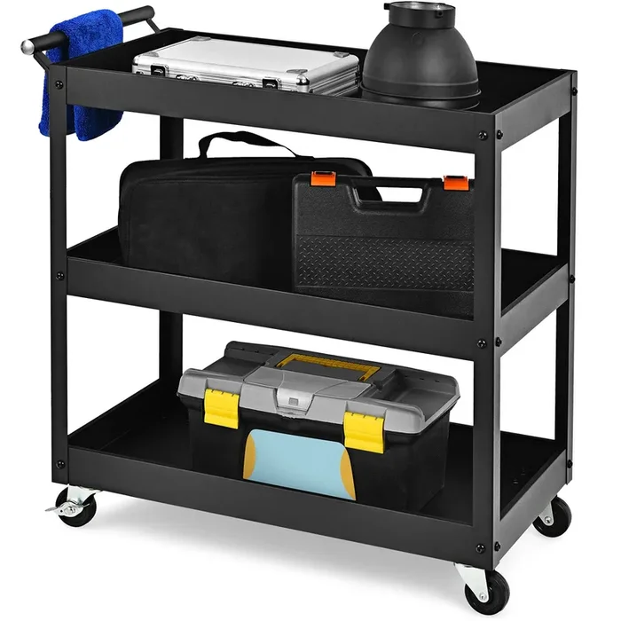 Goplus 3-Tier Utility Cart, Heavy Duty Commercial Service Tool Cart w/Lockable Wheels, 330lbs Load Capacity, Ergonomic Handle, Rolling Mechanic Tool