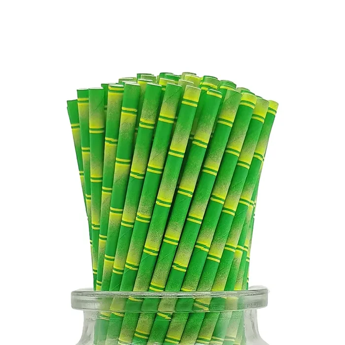 Green Bamboo Paper Straws, 100 Pieces Bamboo Printed Disposable Biodegradable Paper Drinking Straws for Cocktail, Party Decoration