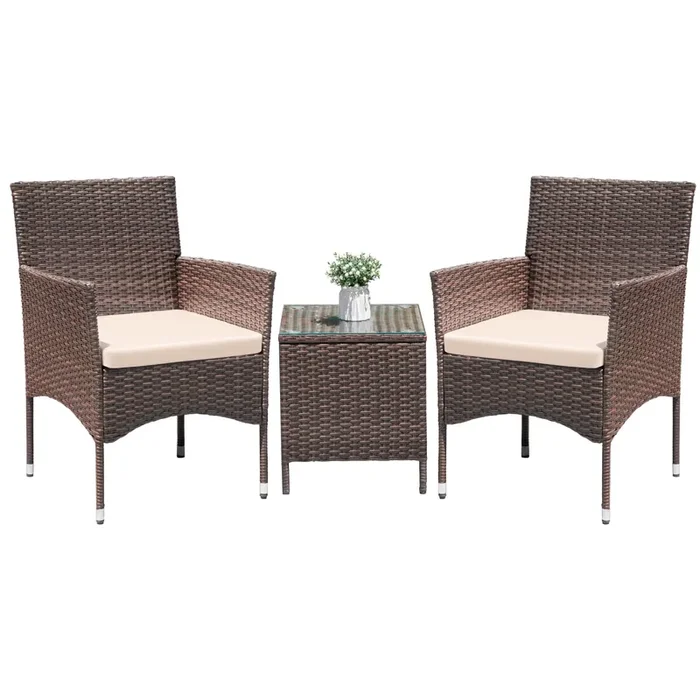 Greesum 3 Pieces Patio Dining PE Rattan Wicker Chair Furniture Set with Cushion and Glass Coffee Table for Outdoor Garden Backyard Poolside, Brown and Beige