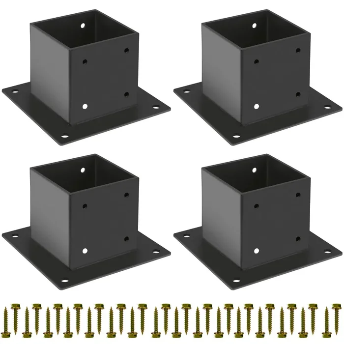 Grehitk 4×4 Post Base 4 Pcs,Deck Post Brackets,Inner Size 3.5″x3.5″ Thick Steel Fence Post Anchor Base,Black Powder Coated Heavy Fence Post,for Supports Porch Railing Post Holders Pergola Brackets