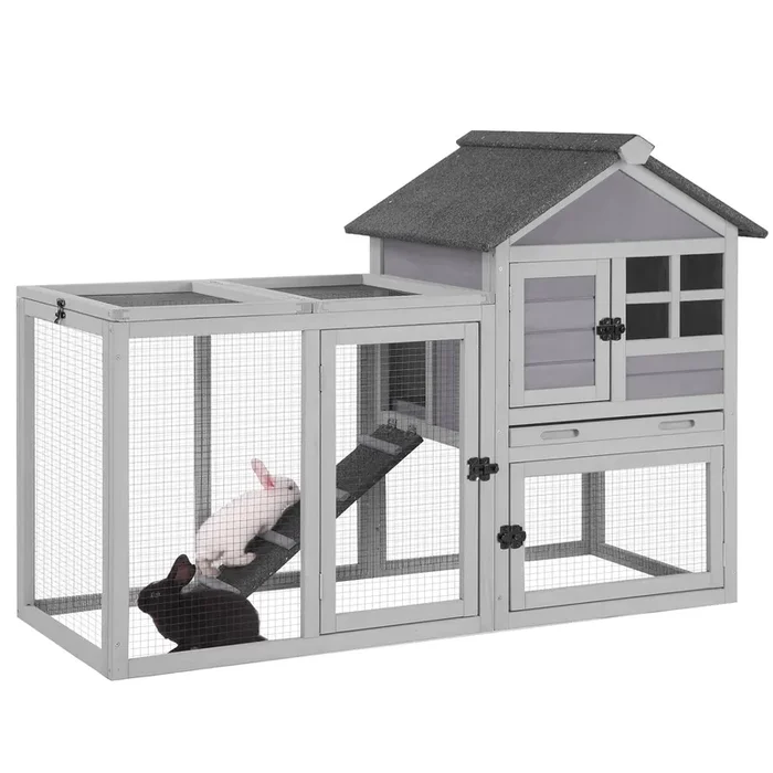 GUTINNEEN 51.6″ L Chicken coop Outdoor Rabbit Hutch Indoor Bunny Cage Expandable Duck House(Grey)