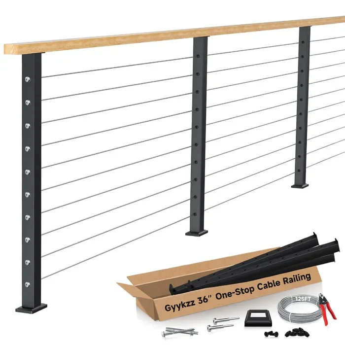 Gyykzz One-Stop Cable Railing Post Kit, 3 Pack Level Drilled Deck Post 36″, Fixed Top Cable Railing System Including 3 Railing Post, 125ft Cable, 20 Terminal, 60 Cable Grommets (No Handrail)