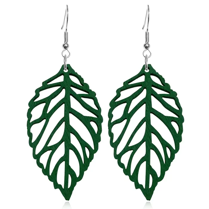 Handmade Bohemian Natural Wooden Leaf Dangle Drop Earrings Lightweight Vintage Hollow Feather Hook Earrings for Women Statement Boho Jewelry Gifts (Dark Green)