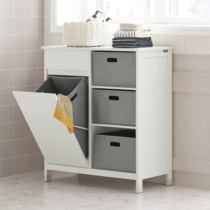 Haotian Bathroom Laundry Cabinet Freestanding Tilt-Out Hamper Storage Unit Narrow Bath Organizer with Removable Baskets, White BZR77-W