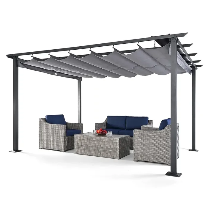 HAPPATIO 10′ X 13′ Outdoor Retractable Pergola Canopy for Deck, Backyard, Patio, Aluminum Pergola with Sun Canopy, Includes Ground Studs and Expansion Screws (Grey)