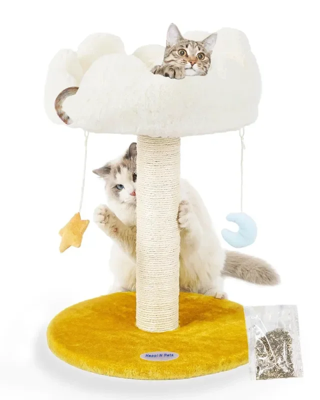 Happi N Pets Cloud Cat Tree, Cat Scratching Post with Bed, Cat Tree Tower for Indoor Cats, Sisal Cat Scratcher with Soft Perch for Kitten & Adult Cats, Small Cat Tower with Toys, Cat Scratch Post