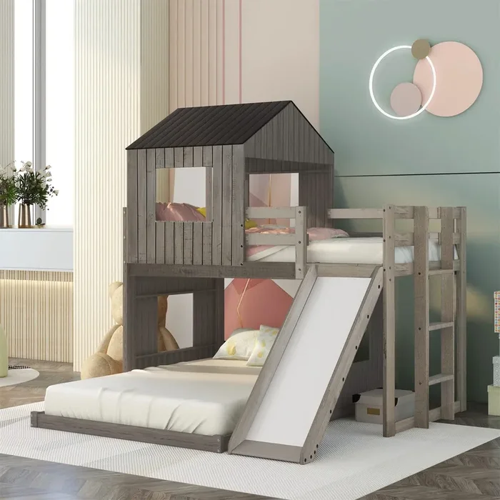 Harper & Bright Designs House Bunk Beds Twin Over Full Size, Wood Bunk Beds with Roof and Window (Distressed Grey, Twin Over Full (with Slide))
