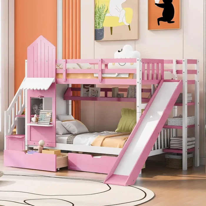 Harper & Bright Designs Twin Over Twin Bunk Bed with Stairs and Slide, Solid Wood Bunk Bed Frame with Storage Drawers and Bookshelf, for Kids Teens Girls Boys – Pink
