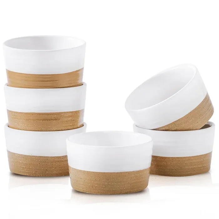 Hasense Ramekins, 6 oz Stoneware Ramekins Oven Safe Set of 6, Mini Ramekins Bowls for Dipping, Brulee, Custard, Farmhouse White Ramekins Gift