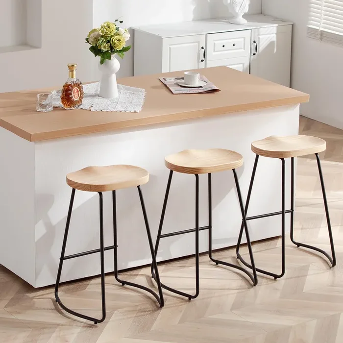 HeuGah Counter Height Bar Stools Set of 3, Solid Wood Bar Stool for Kitchen Island 26″ Barstool with Metal Leg Rustic Backless Saddle Seat Stools