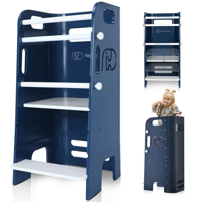 Heypappy Toddler Standing Tower, 3 Levels Adjustable Height Toddler Kitchen Stool Helper with Removable Safety Rail, Closed Back & Anti-Slip Strips, Wooden Kids Kitchen Step Stool for Learning