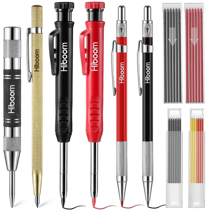 Hiboom 10 Pack Carpenter Pencil Set, 4 Colorful Solid Carpenter Pencils with Sharpener and Refills, Automatic Center Punch, Carbide Scribe Tool Kit