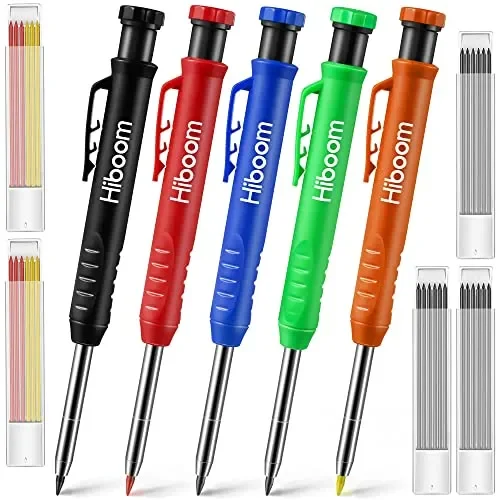 Hiboom 5 Pcs Mechanical Carpenter Pencil, 30 Pcs Refills Needle Nose Tip Hole Marker with Built in Sharpener, Scribe Making Tools for Woodworking,