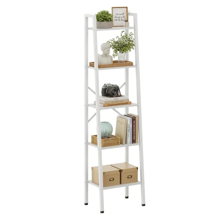 Hoctieon 5-Tier Industrial Ladder Bookshelf, Narrow Ladder Shelf, Tall Standing Bookshelf, Skinny Open Ladder Shelf, for Living Room, Home Office, Kitchen, Bedroom, Metal Frame, White