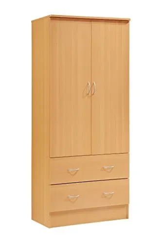 HODEDAH 2 Door Wood Wardrobe Bedroom Closet with Clothing Rod inside Cabinet and 2 Drawers for Storage, Beech
