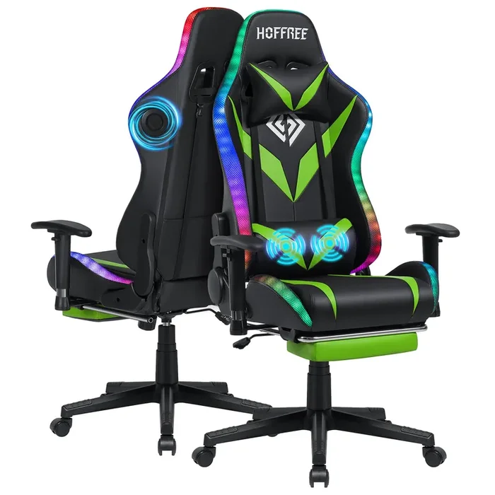 HOFFREE Gaming Chair with Bluetooth Speakers and Led Lights Massage Vide Game Chair with Footrest Reclining High Back Computer Gamer Chair Green and Black