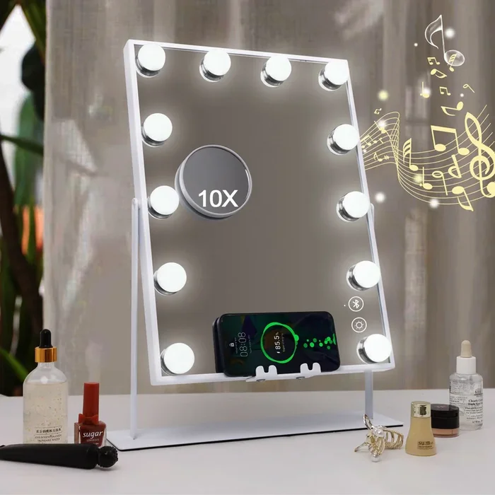 Hollywood Mirror with Lights Bluetooth and Wireless Charger Vanity Mirror 12 LED Light Up 360°Rotation