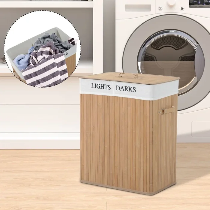 HOMCOM 100L Laundry Hamper Basket Wooden Washing Clothes 2 Sections Bin