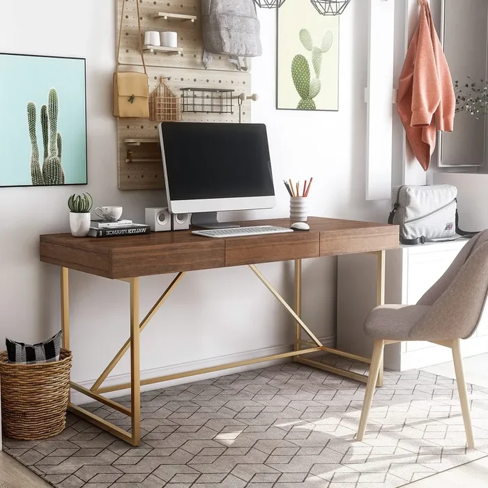 Homes: Inside + Out Lizon Modern 60 Inch Wood Desk With Drawers, Office Table With Storage, Vanity Without Mirror For Bedroom, Study Room, Dorm, Light Walnut Brown & Gold