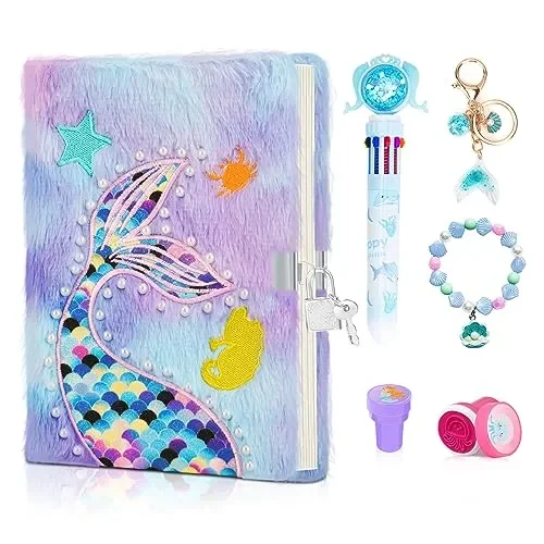homicozy Mermaid Diary for Girls with Lock and Keys,Tie-Dye Fuzzy Journal for Kids with 160 Lined Pages,Fluffy Secret Notebook for Writing and
