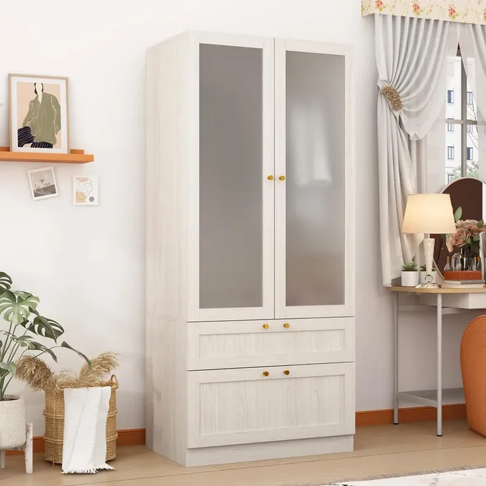 Homsee 31.5”L Armoire Wardrobe Closet with Frosted Glass Doors, Hanging Bar & 2 Drawers, Warm Grey Wooden Closet Storage Cabinet for Bedroom
