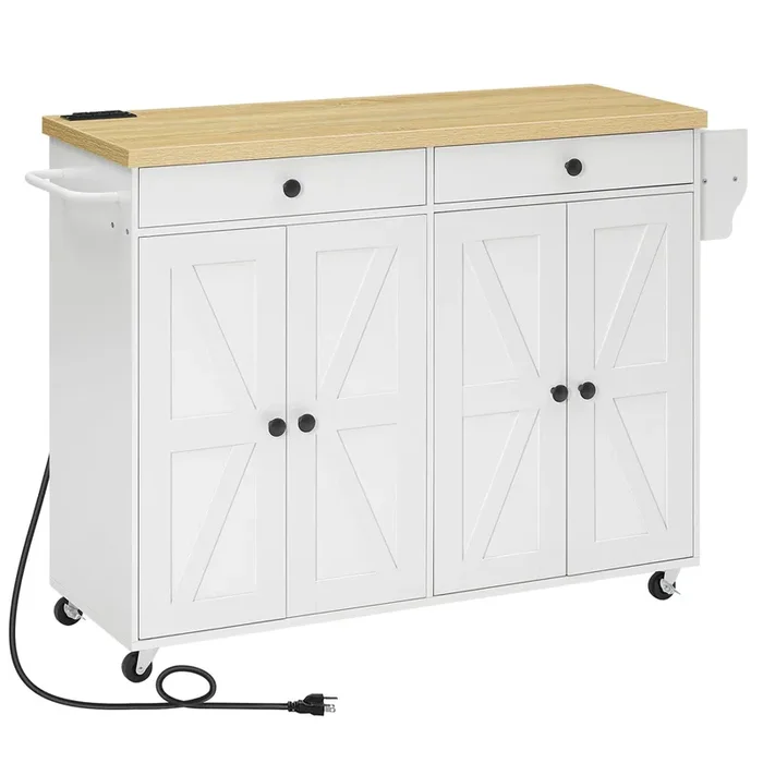 HOOBRO 43.3 Inch Kitchen Island with Charging Station, Rolling Kitchen Island with Storage, Kitchen Island Cart with Spice Rack and Hooks, for Kitchen, Living Room, White and Natural WN11UZD01