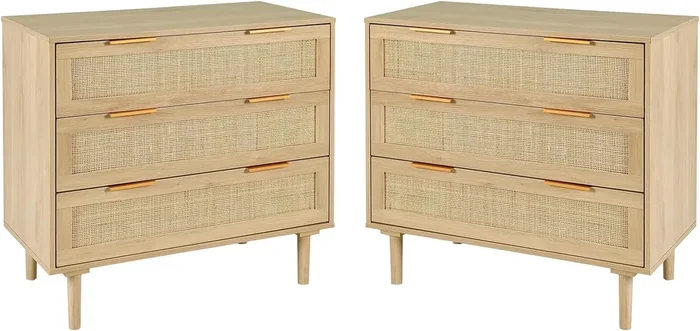 HOPUBUY Large Nightstand Set of 2 with Rattan Drawer, Modern 3 Drawer Night Stand for Bedroom, Wooden Bedside Table for Queen Size and King Size Bed,Oak
