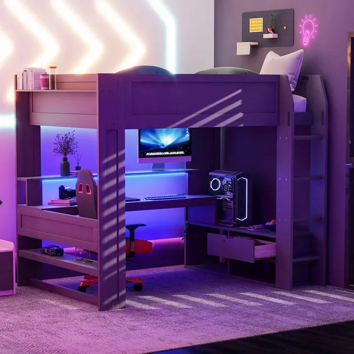 HZXINKEDZSW Full Size Wood Gaming Loft Bed with Desk, Storage Shelves, LED Lights, and Charging Station in Grey