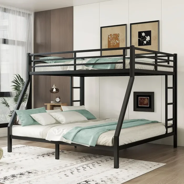 HZXINKEDZSW Metal Queen Over King Bunk Bed with 2 Side Ladder and Guardrails, Heavy Duty Metal Bunk Bed Frame with Underbed Storage Space for Teens Adults, No Box Spring Needed (Black, Queen/King)