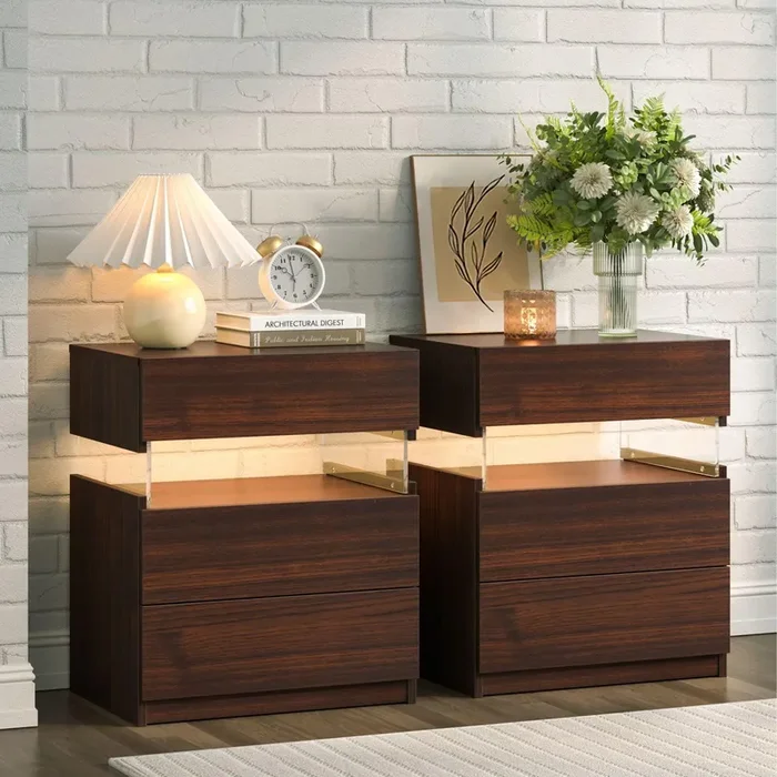 i-aplus Night Stand Set 2 LED Nightstands for Bedroom Set of 2 Modern Bedside Table with 3 Drawers End Side Table