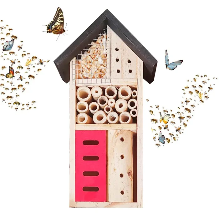Insect Hotel Hanging Bee House Wooden Insect House, Natural Habitat for Beneficial Bees, Bugs, Butterflys, Ladybirds Garden Yard Home