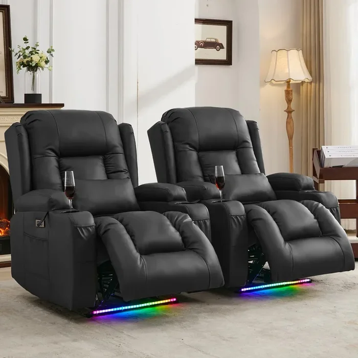 IPKIG Power Recliner Chair with Led Light – Faux Leather Overstuffed Home Theater Recliner w/Massage Heat/Lumbar Pillow/USB Port/Cup Holders/Side Pockets, Movie Gaming Reclining Chair (2 Sets, Black)