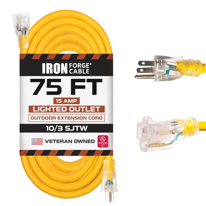 Iron Forge Cable 10 Gauge Extension Cord 75 ft, 10/3 Heavy Duty Extension Cord Outdoor 3 Prong, Weatherproof Yellow Power Cable 15 AMP Great for Major Appliances, US Veteran Owned