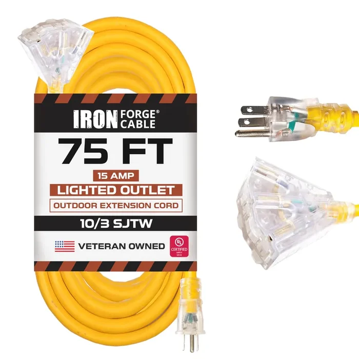 IRON FORGE CABLE 75 ft 10 Gauge Extension Cord with 3 Outlets, Heavy Duty 75ft Outdoor with 3 Prong Lighted Plug, 10ga Weatherproof Electric Cord SJTW, US Veteran Owned