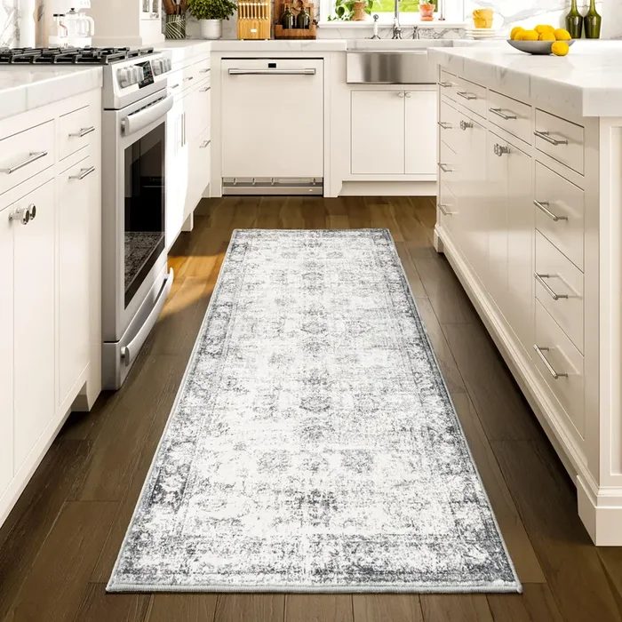 Istana Hallway Runner Rug 2×6 – White Cream/Grey Kitchen Rugs Non Slip Washable -Silk’s Soft Touch Carpet Runner – Stylish Rug Runner for Home