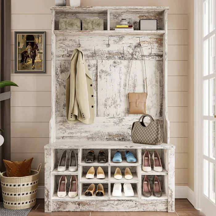 Itaar Hall Tree, Storage Bench, Shoe Rack for Entryway, Hall Tree with Bench and Adjustable Shoe Storage, Vintage White