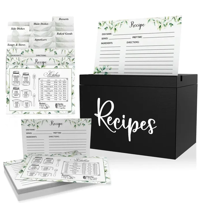 Jaconine Recipe Box, Wooden Recipe Organizer, Recipe Holder Box with 50 Recipe Cards 4″”x6″” & 6 Dividers, Recipe Book to Write in Your Own Recipes, Black