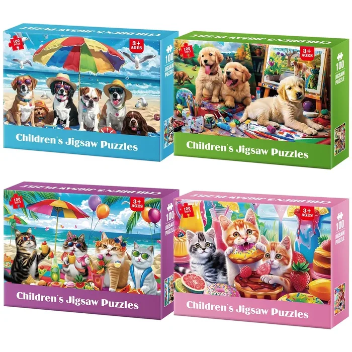 Jeacirio 100 Piece Puzzles for Kids Ages 4-6 – Cats & Dogs Party Jigsaw Puzzles – Cute Puzzles for Kids Ages 8-10 Kids Puzzles Ages 5-8 Educational Search & Find Toy Preschool Puzzles 4-Pack 15″x11″
