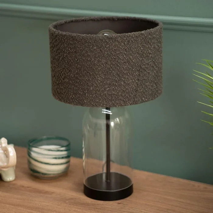 Jessy Black Glass Table Lamp With Charcoal Boucle Shade