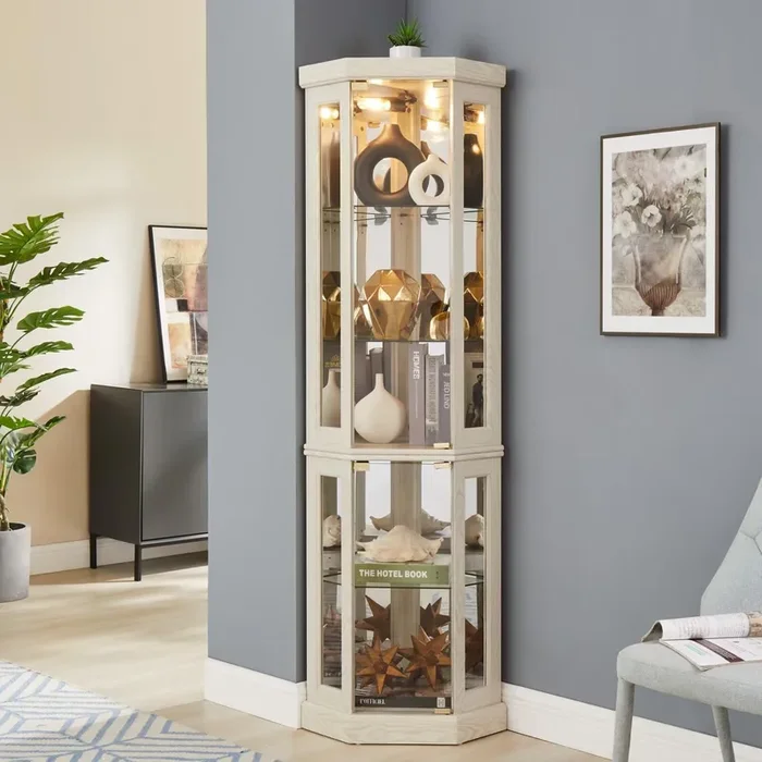 JIJIWANG 70″ H Corner Glass Cabinet Lighted Curio Cabinet Corner Display Case for Living Room, Curio Cabinet, Antique Collection, Wine,Bar Glass Storage Light Included, Antique White