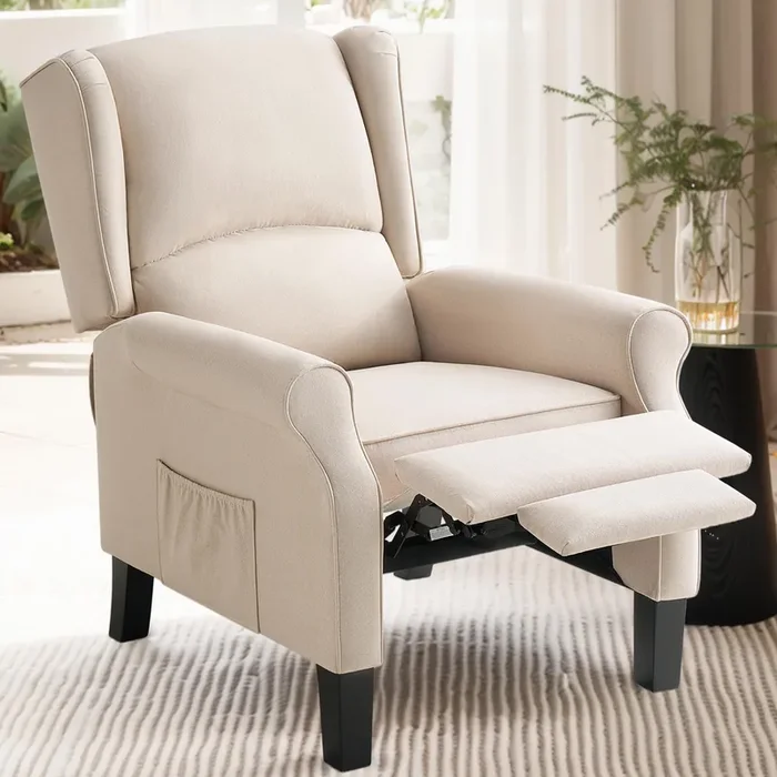 Jocisland Pushback Recliner Chair, Modern Fabric Wingback Armchair with Storage Pockets and Wood Legs, Classic Living Room Single Sofa for Small Spaces, Linen, Beige
