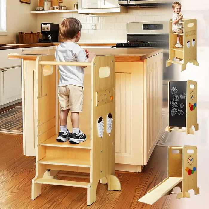 JUZBOT Toddler Tower 4 in 1 Toddler Kitchen Stool Helper Adjustable Standing Tower for Kitchen Counter with Safety Board, Slide, Chalkboard, Montessori Activities