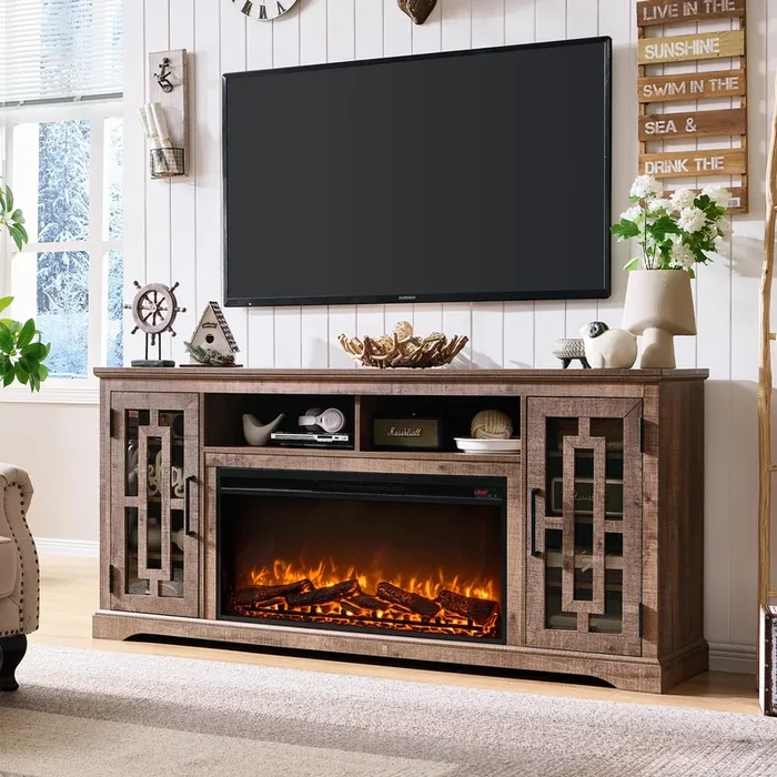 JXQTLINGMU Fireplace TV Stand with 36″ Electric Fireplace for 80 Inch TV, Farmhouse 32″ Tall Highboy Entertainment Center w/6 Shelves, Modern Media Console w/Storage for Living Room, Rustic Brown